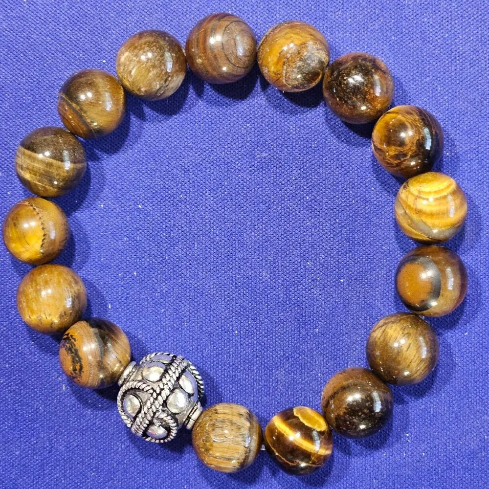 Hand Crafted Chunky Natural Tiger Eye Men's Stretch Bracelet - Picture 2 of 5